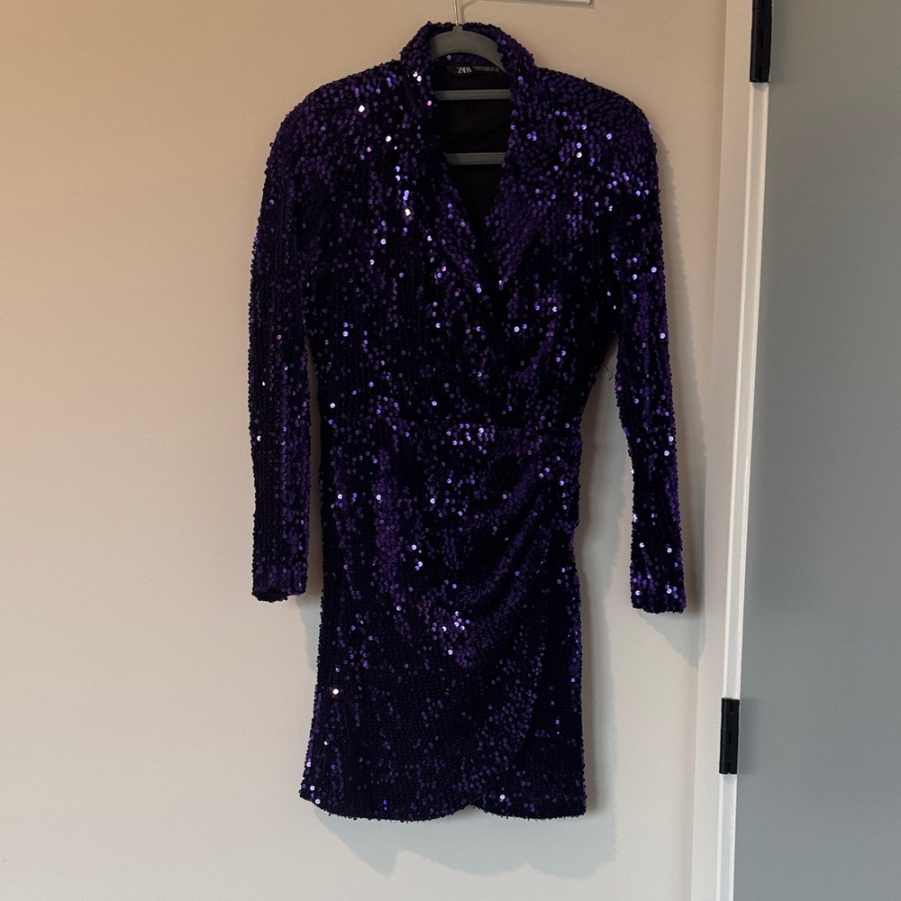 Zara Deep Purple Sequin Long Sleeve Dress